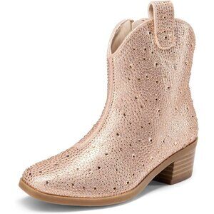 🆕Girls Cowgirl Champagne Cowboy Rhinestone Boots Ankle Low Heel Dress Booties
